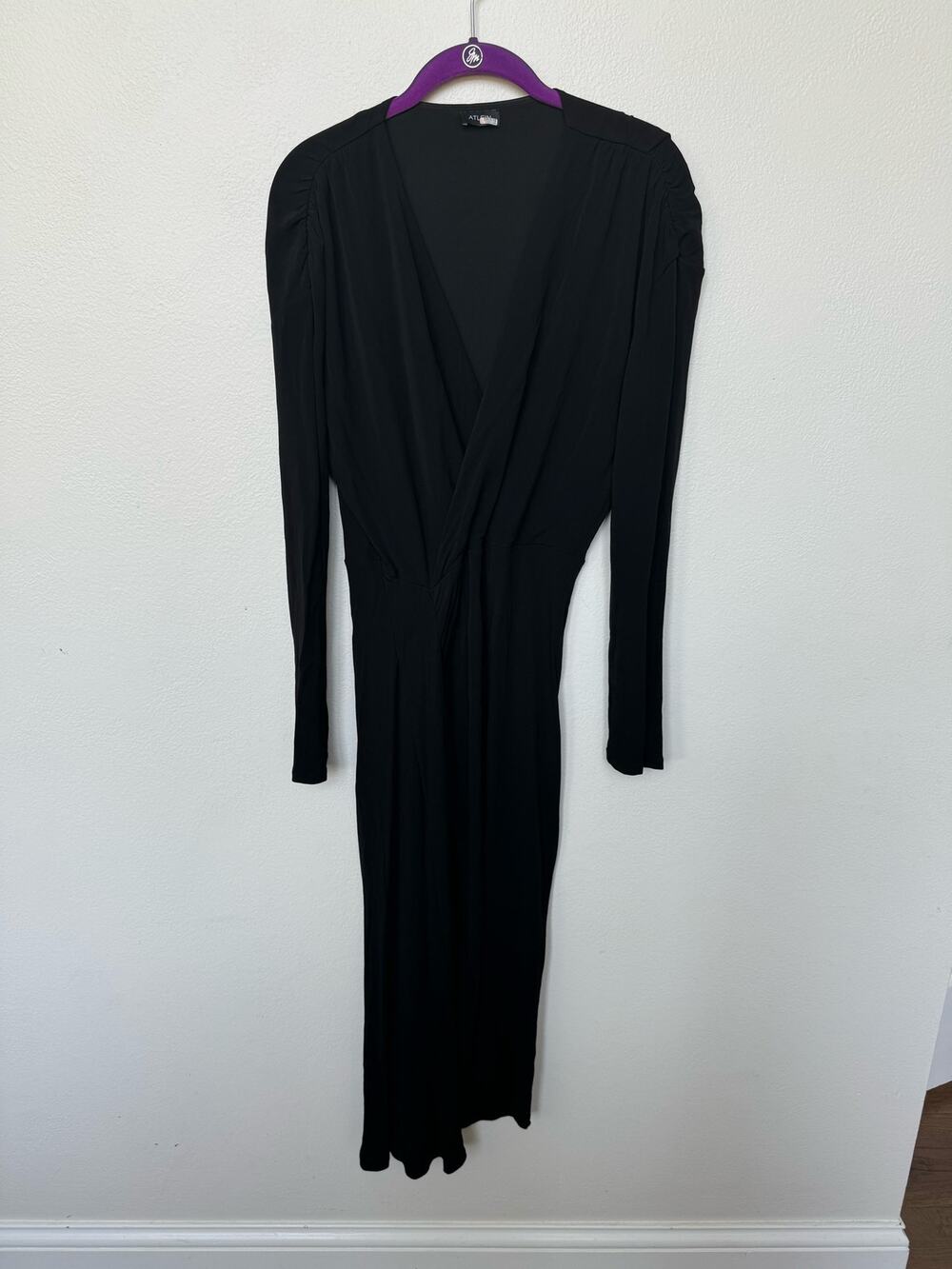 Atlein Midi Dress Plunging V Long sleeve Ruched Wrap Black Women's Size 40